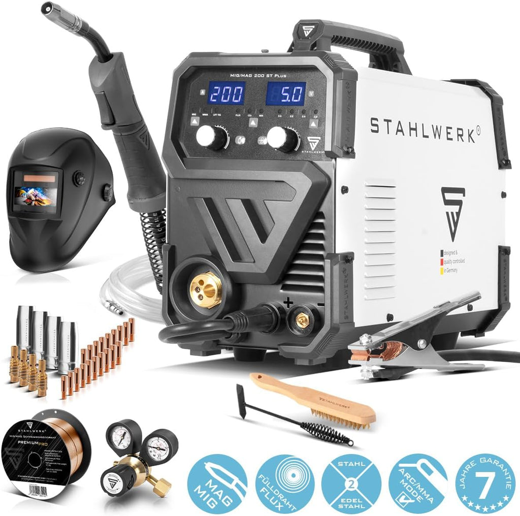 STAHLWERK Schweißgerät MIG/MAG 200 ST â€?Vollausstattung â€?IGBT Inverter mit 200 A, Schutzgasgerät mit synergischem Drahtvorschub, FLUX/Fülldraht geeignet, Lift-TIG und MMA/E-Hand (ARC) funktionsfähig