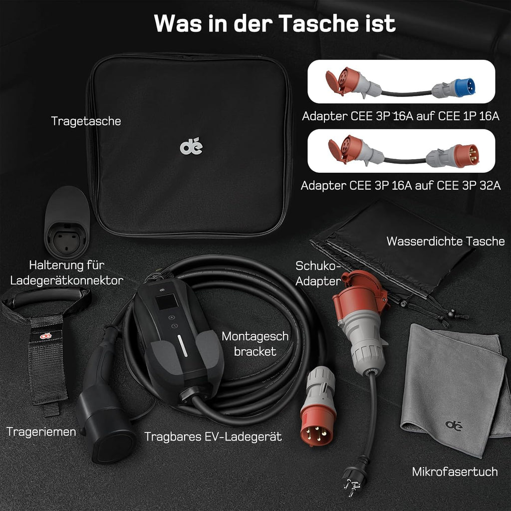 dé Mobile Wallbox/Ladestation 11kW 3-phasig|7m|6-16A mit Traveller Adapter Set, Ladekabel CEE 16A auf Typ 2 und EV Ladegerät für Model Y/3, ID.3/4/5, MG4, EX30, e-up, e-tron, Zoe und andere EV