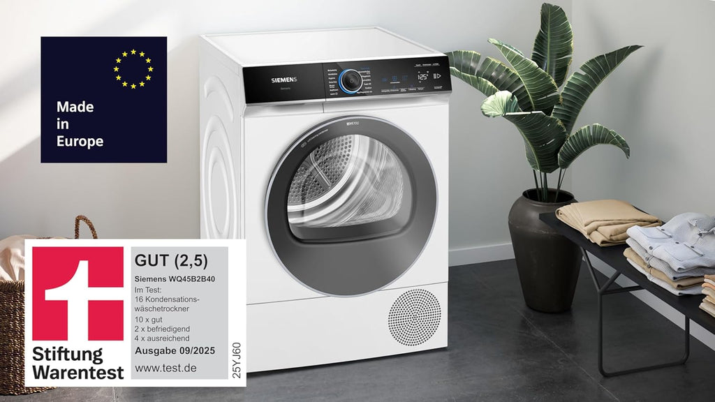 Siemens WQ45B2B40, Stiftung Warentest GUT (2,5) , iQ700 Smarter Wärmepumpen-Trockner 9kg, autoDry optimale Trocknung, selbstreinigender Kondensator, Touch LED-Display, intelligentDry, Outdoor-Programm