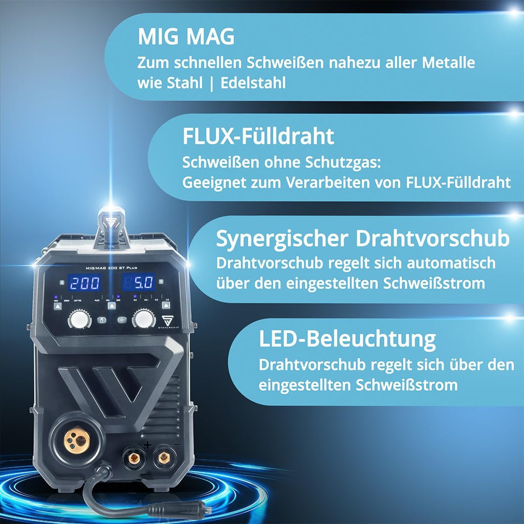 STAHLWERK Schweißgerät MIG/MAG 200 ST â€?Vollausstattung â€?IGBT Inverter mit 200 A, Schutzgasgerät mit synergischem Drahtvorschub, FLUX/Fülldraht geeignet, Lift-TIG und MMA/E-Hand (ARC) funktionsfähig