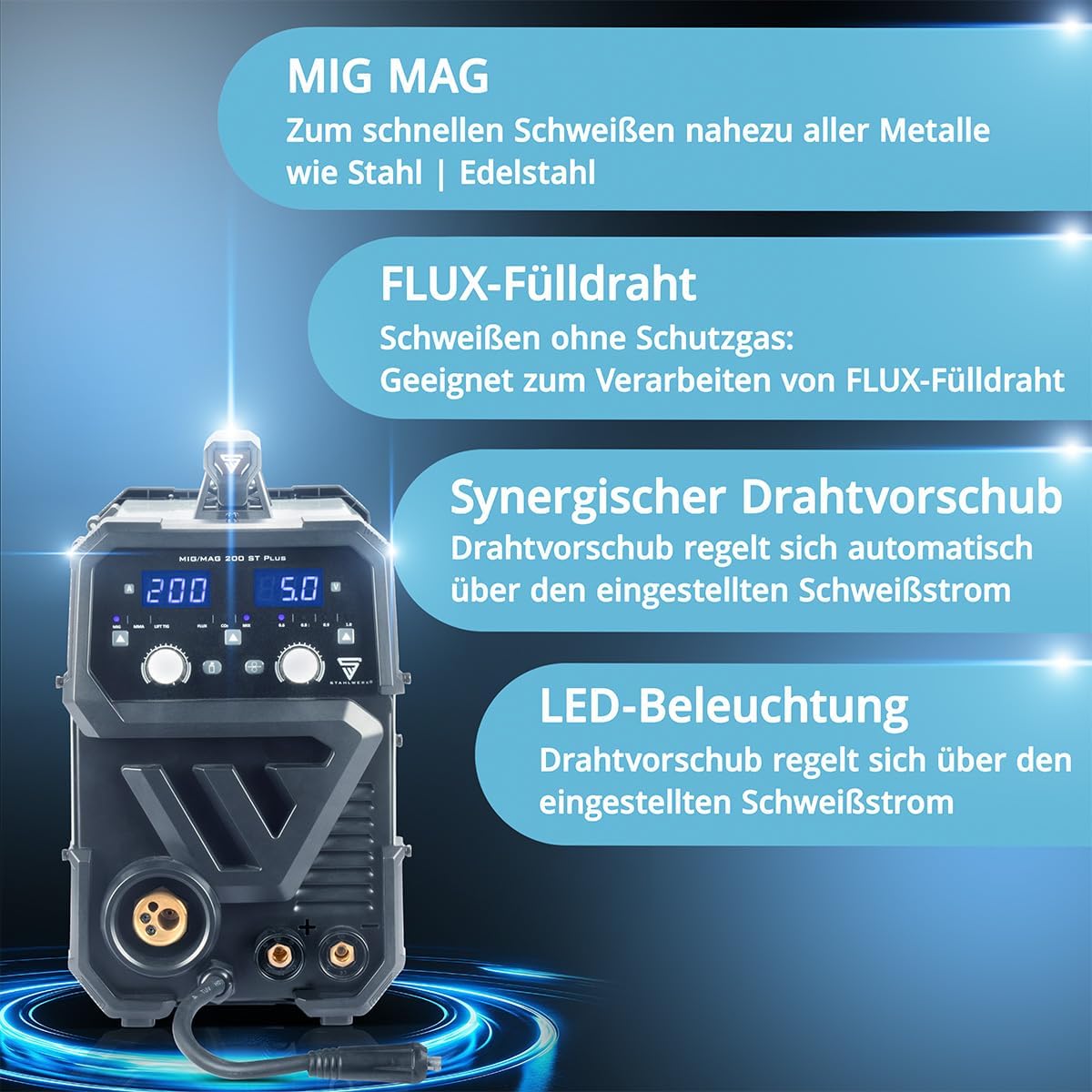 STAHLWERK Schweißgerät MIG/MAG 200 ST â€?Vollausstattung â€?IGBT Inverter mit 200 A, Schutzgasgerät mit synergischem Drahtvorschub, FLUX/Fülldraht geeignet, Lift-TIG und MMA/E-Hand (ARC) funktionsfähig