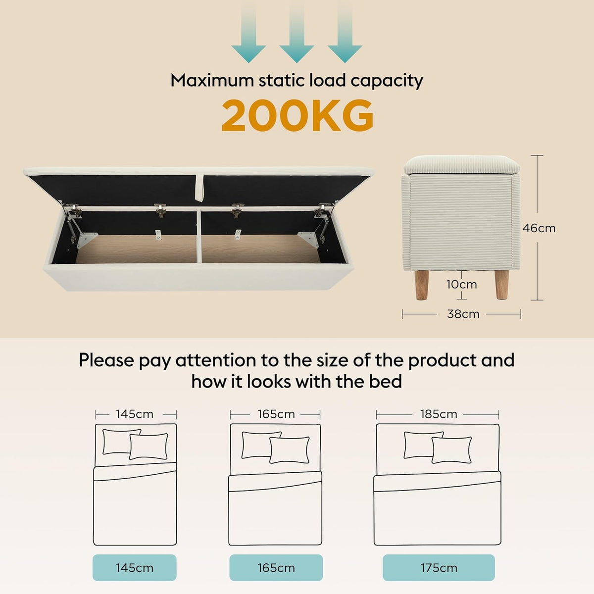 Polsterbank mit Hydraulischem Stauraum, 175 x 38 x 46 cm Aufbewahrungsbox, Bettbank Sitzbank für Flur, Wohnzimmer, Schlafzimmer, Cordstoff, Beige