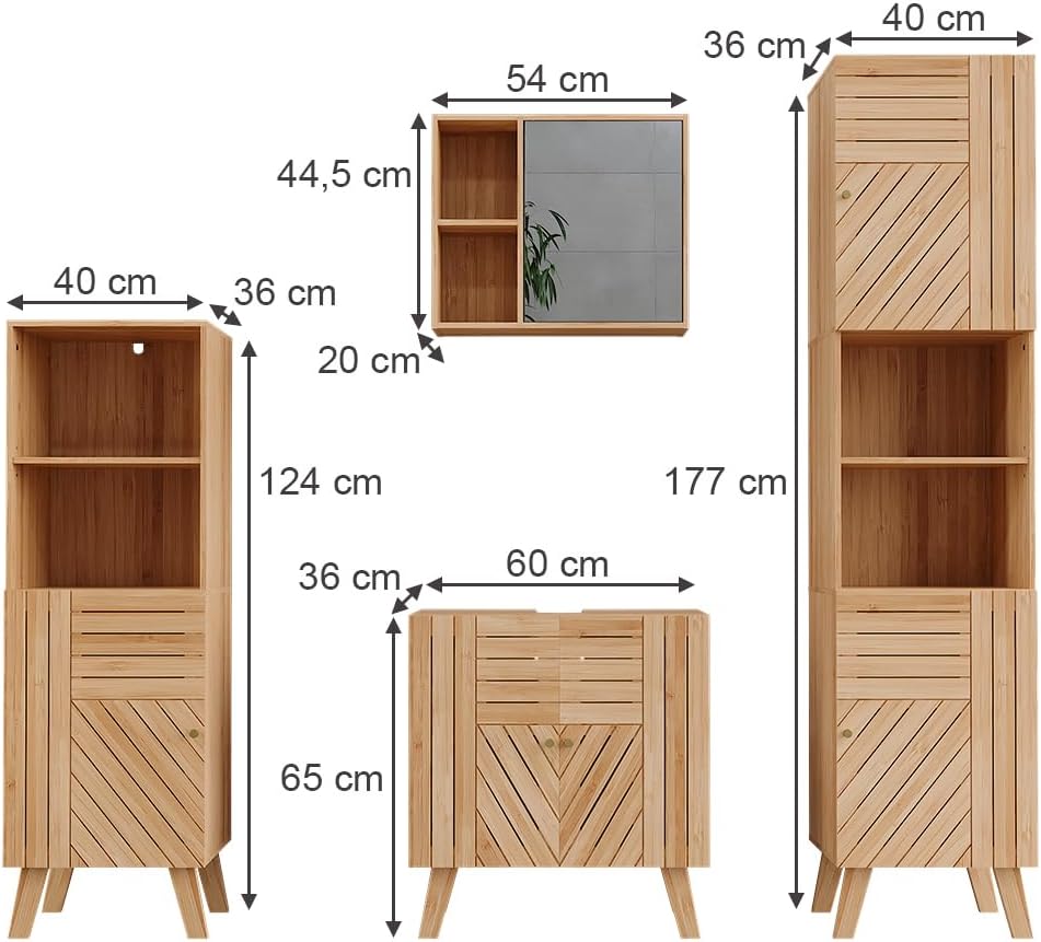 Vicco Badmöbel-Set Lucie, Bambus, 60 cm, besteht aus Waschbeckenunterschrank, Spiegelschrank, Hochschrank und Midischrank