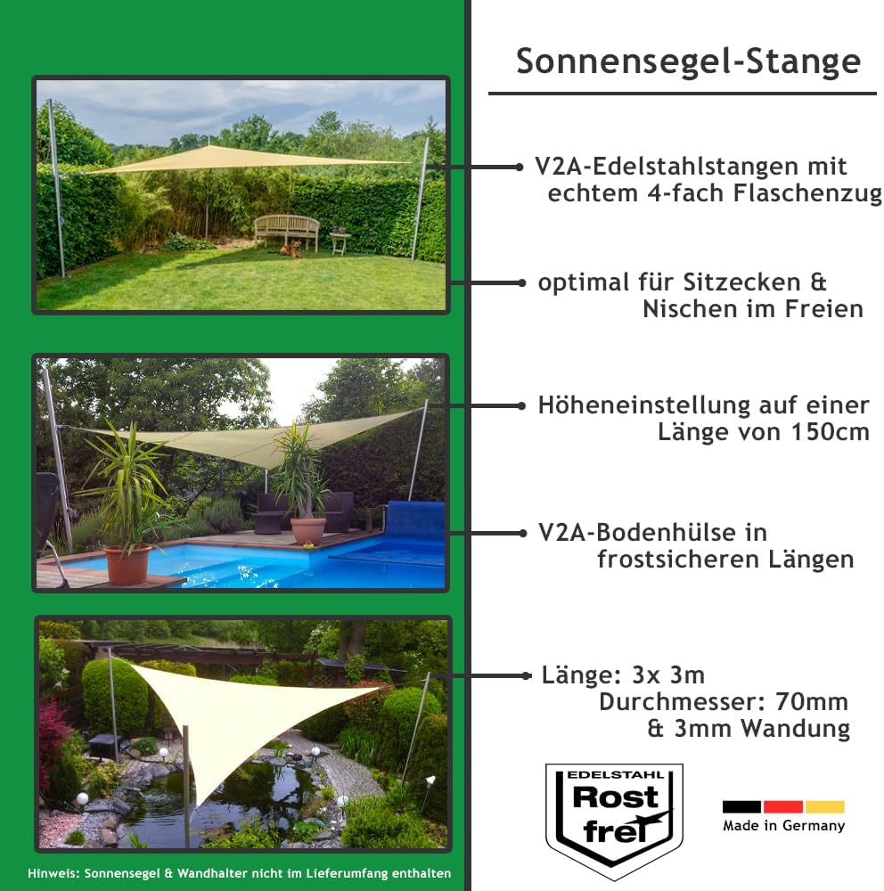 Sonnensegel Stangen Set - ø70mm, höhenverstellbar 3m, aus V2A Edelstahl inkl. Zubehör - 4-Fach Flaschenzug-Set & 0,75m Bodenhülse | Befestigung für sehr große Segel (3er Set)