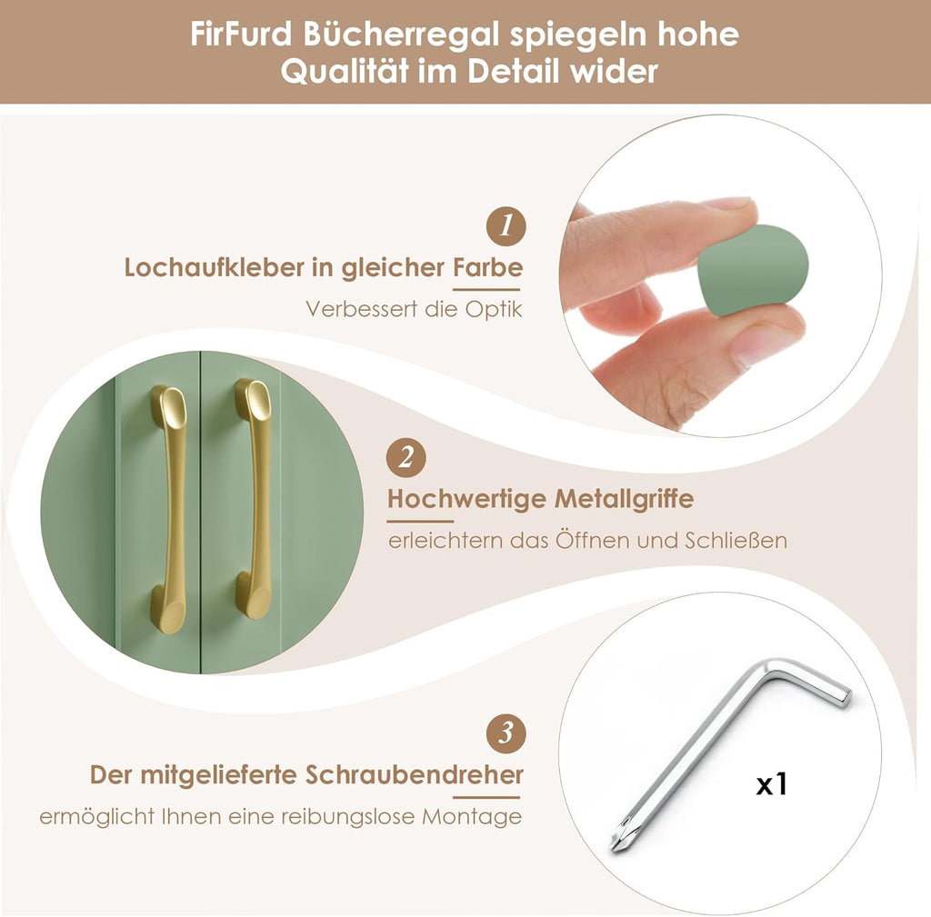 FirFurd 209 cm Bücherregal mit Türen Bücherschrank mit 15 Fächern Vitrinenschrank Hochschrank Holz Mehrzweckschrank groß für Wohnzimmer Arbeitszimmer Küche 150 x 23,7 x 209 cm Grün