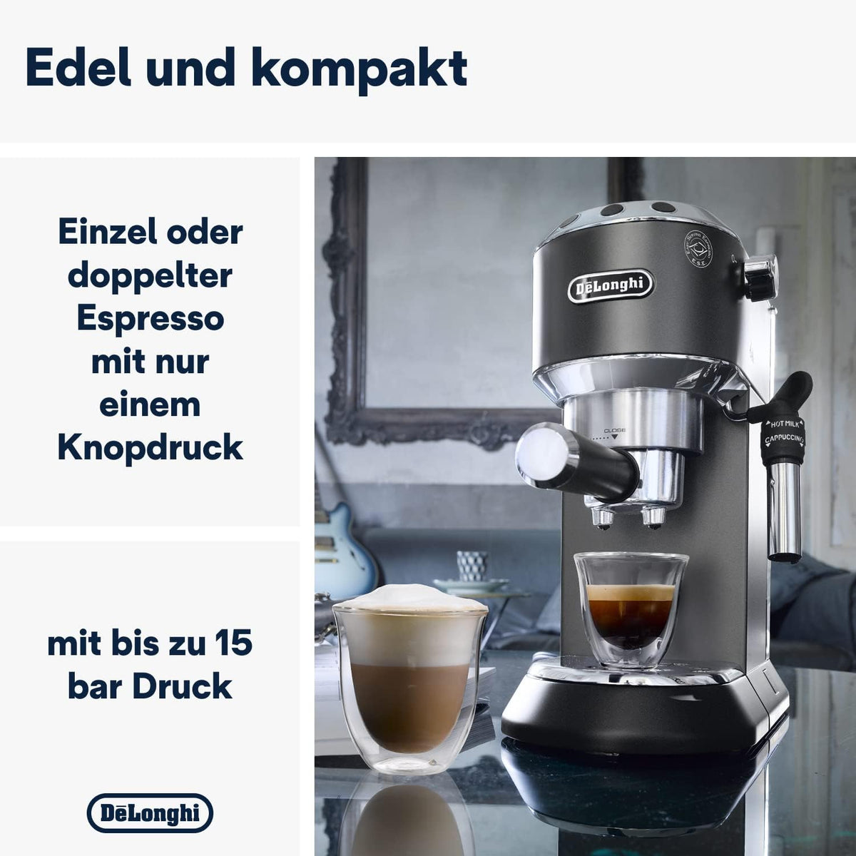 De'Longhi Dedica Style EC 685.M â€?Espresso Siebtrgermaschine, Espressomaschine mit professionellem Milchaufschumer, nur 15 cm breit, für Kaffeepulver oder ESE Pads, 1 l Wassertank, silber