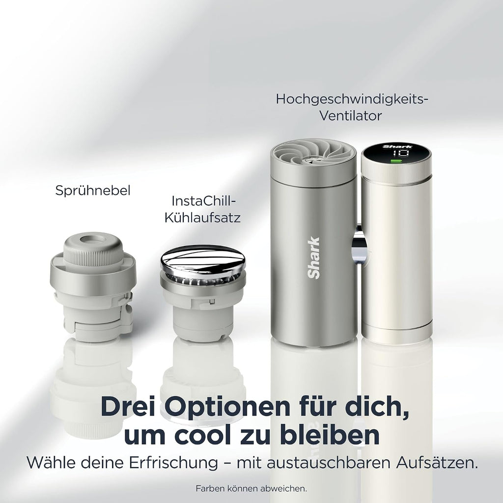 Shark ChillPill 3-in-1-Hochgeschwindigkeits-Handventilator-, Sprühnebel- und InstaChill-System Paket mit Reise-Etui, mit 3 Kühlaufsätzen, reisefreundliches Design, Cloud FA021EU