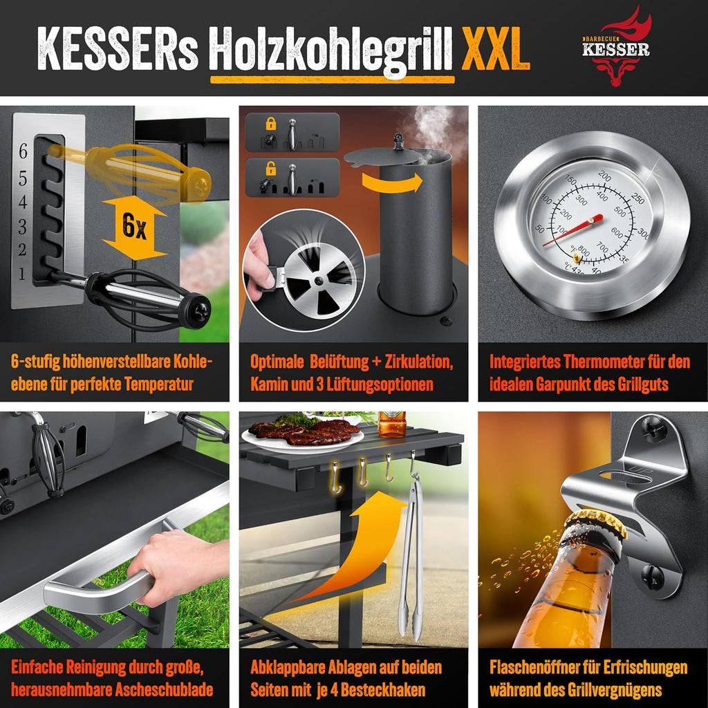 KESSER® Grill Grillwagen BBQ Smoker XXL Holzkohlegrill mit Deckel, Rädern, Edelstahl-Griff, Grillrost und Thermometer, 8 Spieße mit Tasche & Silikon-Pinsel, Standgrill, Kohlegrillwagen