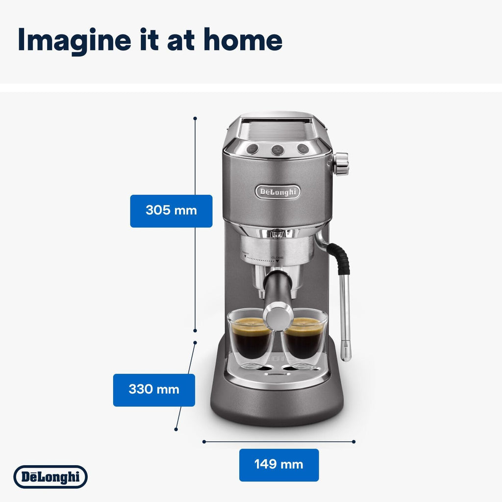 De'Longhi Dedica Style EC 685.M â€?Espresso Siebtrgermaschine, Espressomaschine mit professionellem Milchaufschumer, nur 15 cm breit, für Kaffeepulver oder ESE Pads, 1 l Wassertank, silber