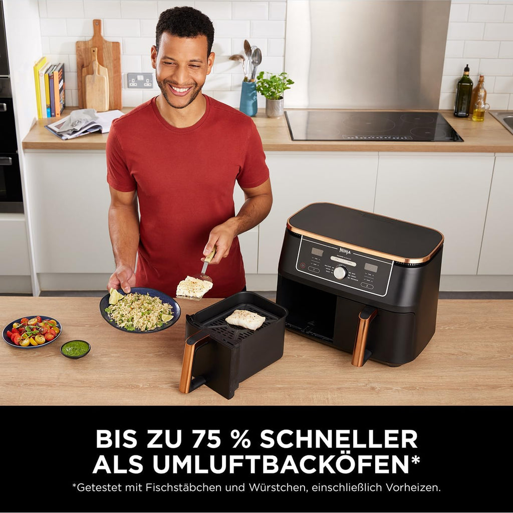 Ninja Foodi MAX Dual Zone Heißluftfritteuse AF400EUCP Amazon Exclusive, â€?470 Watt , 9,5 L, 2 Heißluft-Frittierfächer, 6 Funktionen, 27 x 41.5 x 32.5 cm, Kupfer/Schwarz