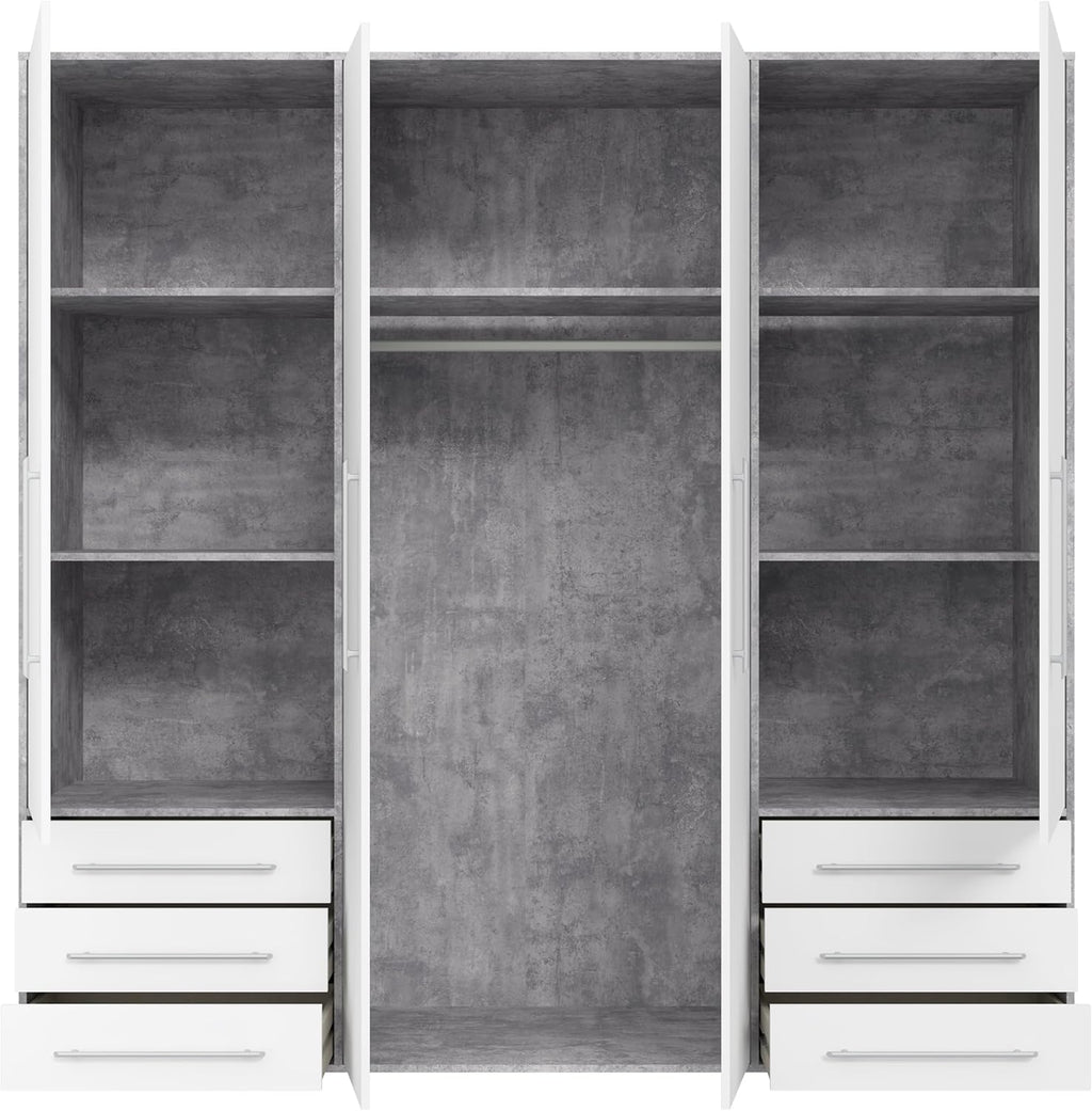 Forte Jupiter Kleiderschrank 205, Großer Schrank mit 4 Türen und 6 Schubladen, Holzwerkstoff, Weiß/Betonoptik Lichtgrau, 205,9 cm breit, 200 cm hoch, 53 cm tief
