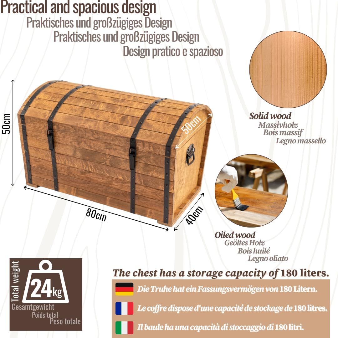 CREATIVE COOPER Holztruhe 180L â€?Klassischer Aufbewahrungskoffer aus geöltem Erlenholz â€?Vintage Design â€?Für Wohnzimmer, Terrasse & Garten â€?80x50x50 cm