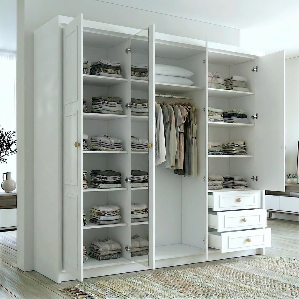 A und J MöbelLand Oslo Kleiderschrank 4-türig mit 3 Schubladen - 200 x 215 cm - Drehtürenschrank mit Kleiderstange und Einlegeböden, Modernes Design mit Metallgriffen