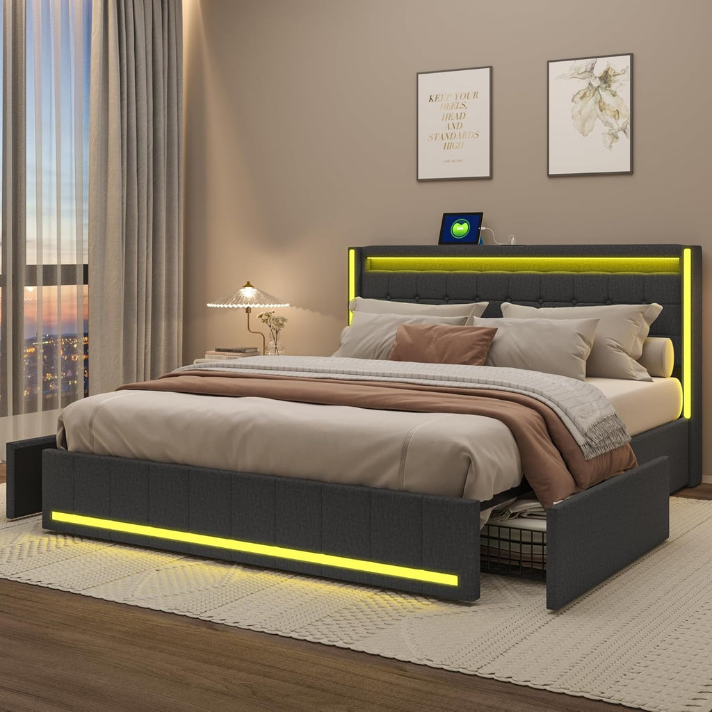 Polsterbett 180x200 mit Stauraum, Doppelbett mit LED und USB, Jugendbett mit 4 Schubladen, Bettgestell mit Kopfteil und Lattenrost, Leinen (Grau, 180 x 200 cm)