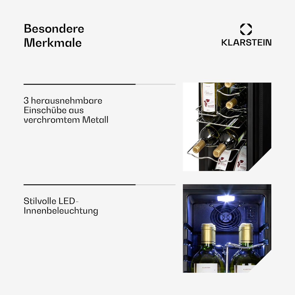 Klarstein Weinkühlschrank, 1 Zonen Getränkekühlschrank Klein, Kleiner Weinschrank 32L, Wein-Kühlschrank Klein mit Glastür, Indoor/Outdoor Flaschenkühlschrank, Wine Fridge 5-18°C, 12 Flaschen
