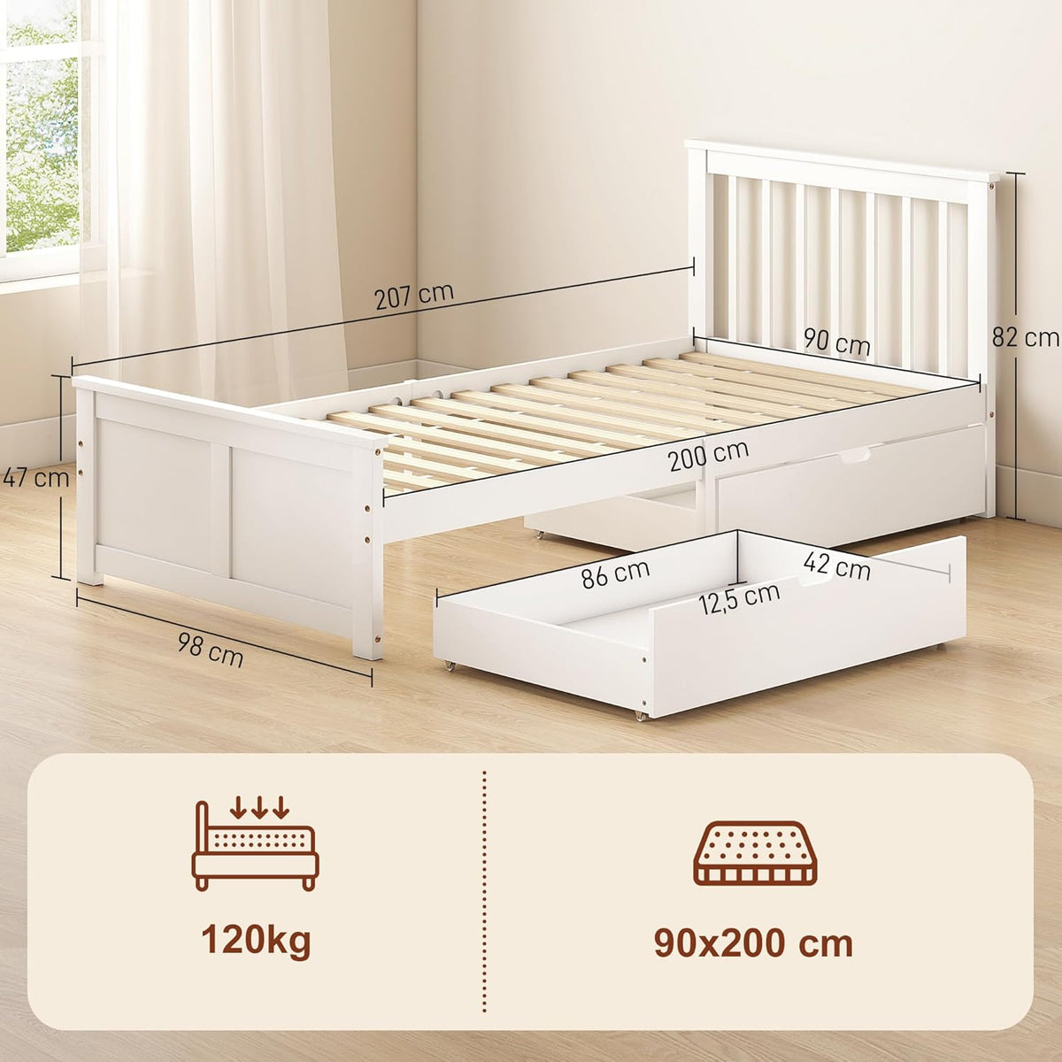HOMCOM Bett 90 x 200 cm Bettrahmen mit Lattenrost aus Holz, Schublade, Unterbettaufbewahrung, Einzelbett, Holzbett mit Kopfteil, Bettgestell für Schlafzimmer, Gästezimmer, Weiß