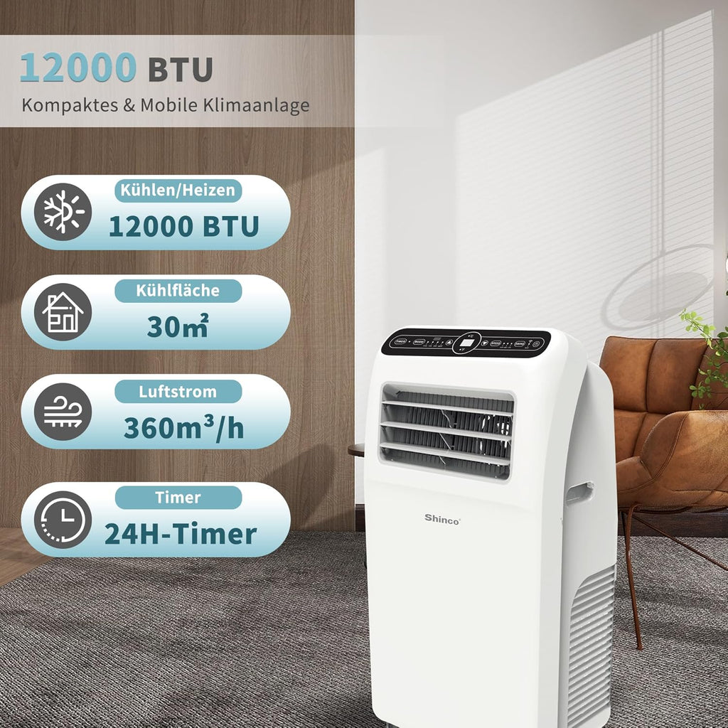 SHINCO Mobile Klimaanlage mit Abluftschlauch, 12000BTU, Kühlung&Heizung&Ventilieren&Entfeuchten, Mobiles Klimagerät mit Fenstermontage-Kit, 24H-Timer, APP, für Räume von etwa 90m³, Weiß