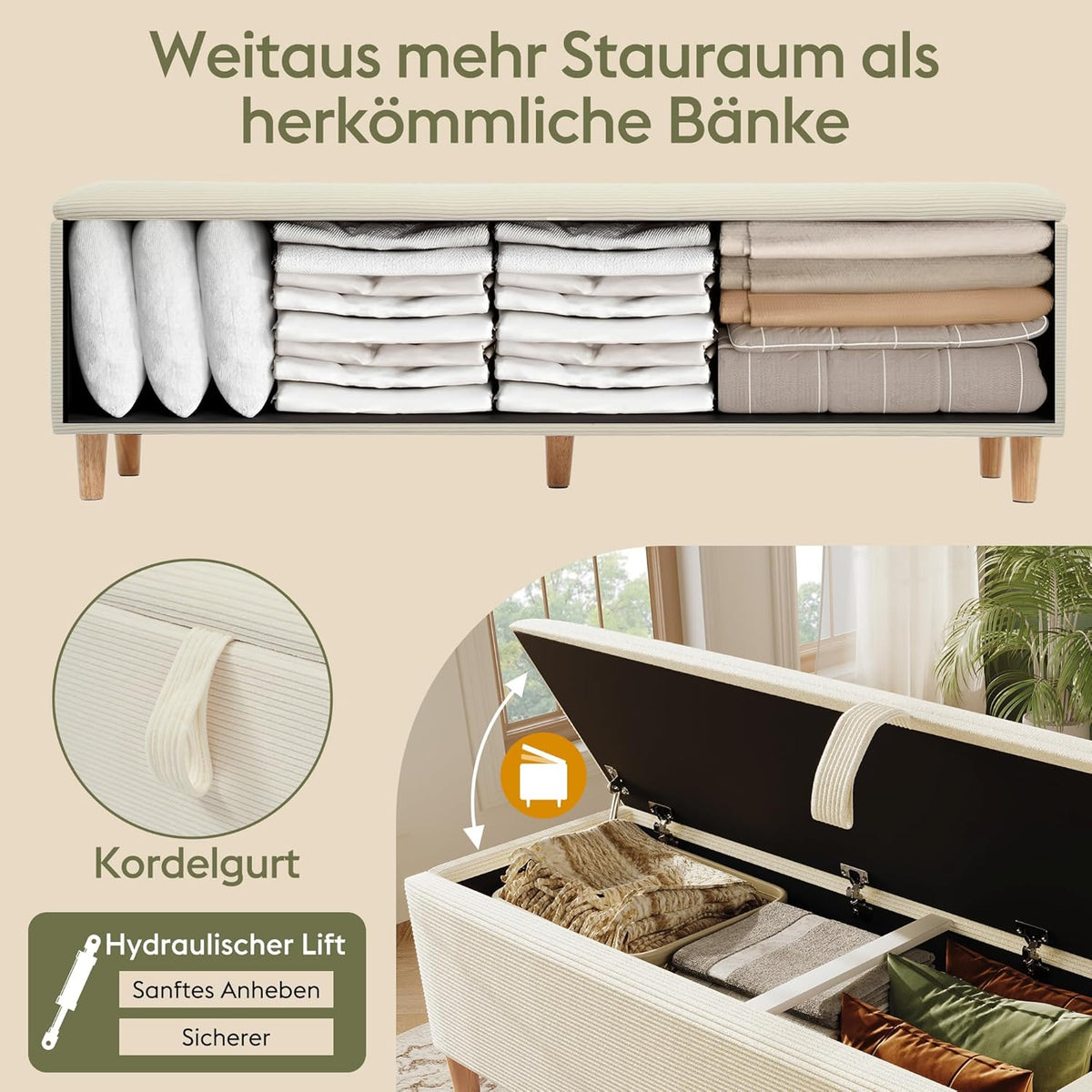 Polsterbank mit Hydraulischem Stauraum, 175 x 38 x 46 cm Aufbewahrungsbox, Bettbank Sitzbank für Flur, Wohnzimmer, Schlafzimmer, Cordstoff, Beige