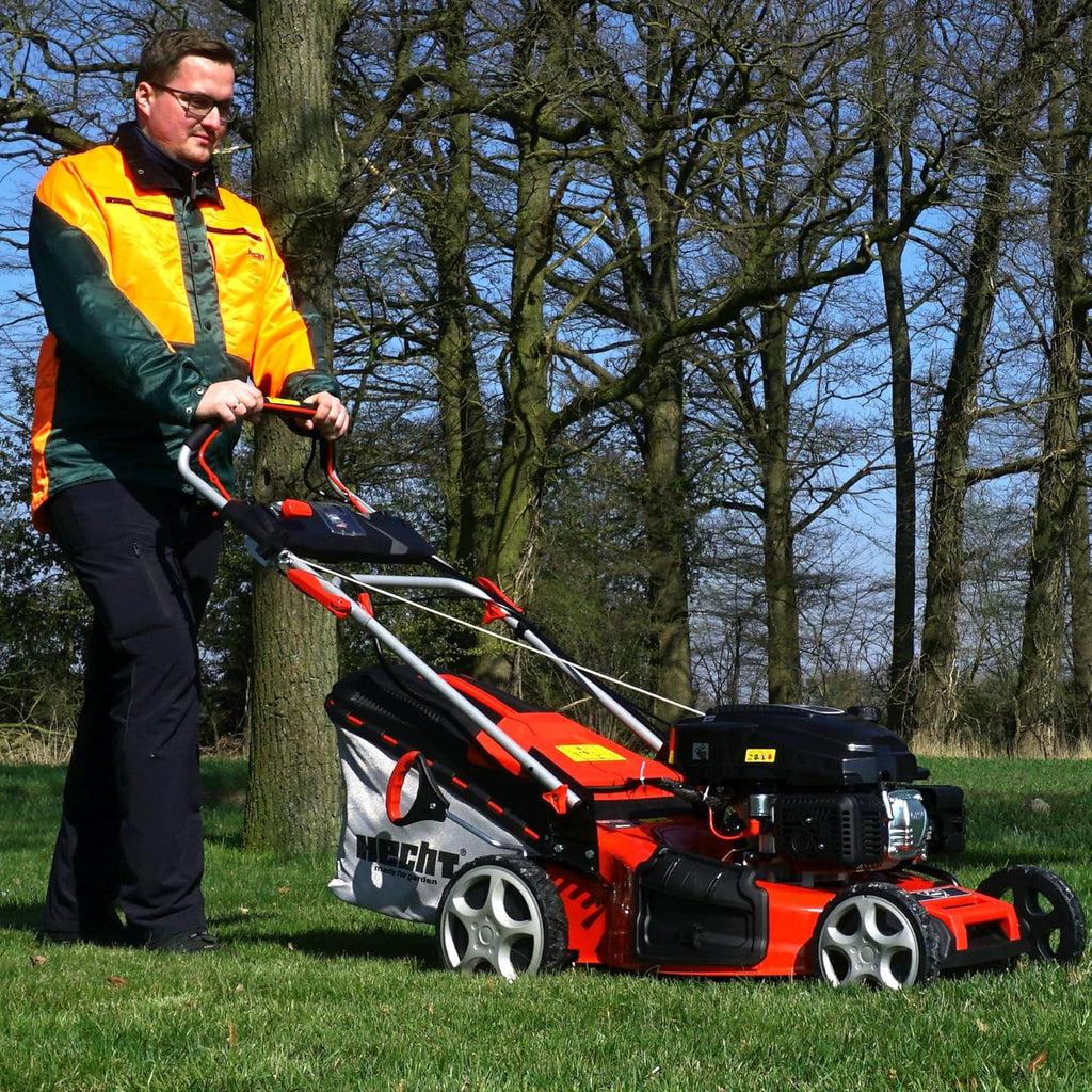 HECHT 5-IN-1 Benzin Rasenmäher â€?leistungsstarker 4 Takt Eco Motor 4,4 kW (6,0 PS) â€?Elektrostart â€?53 cm Schnittbreite â€?75 l Fangkorb â€?Radantrieb â€?patentierte Räder â€?Mulchmäher