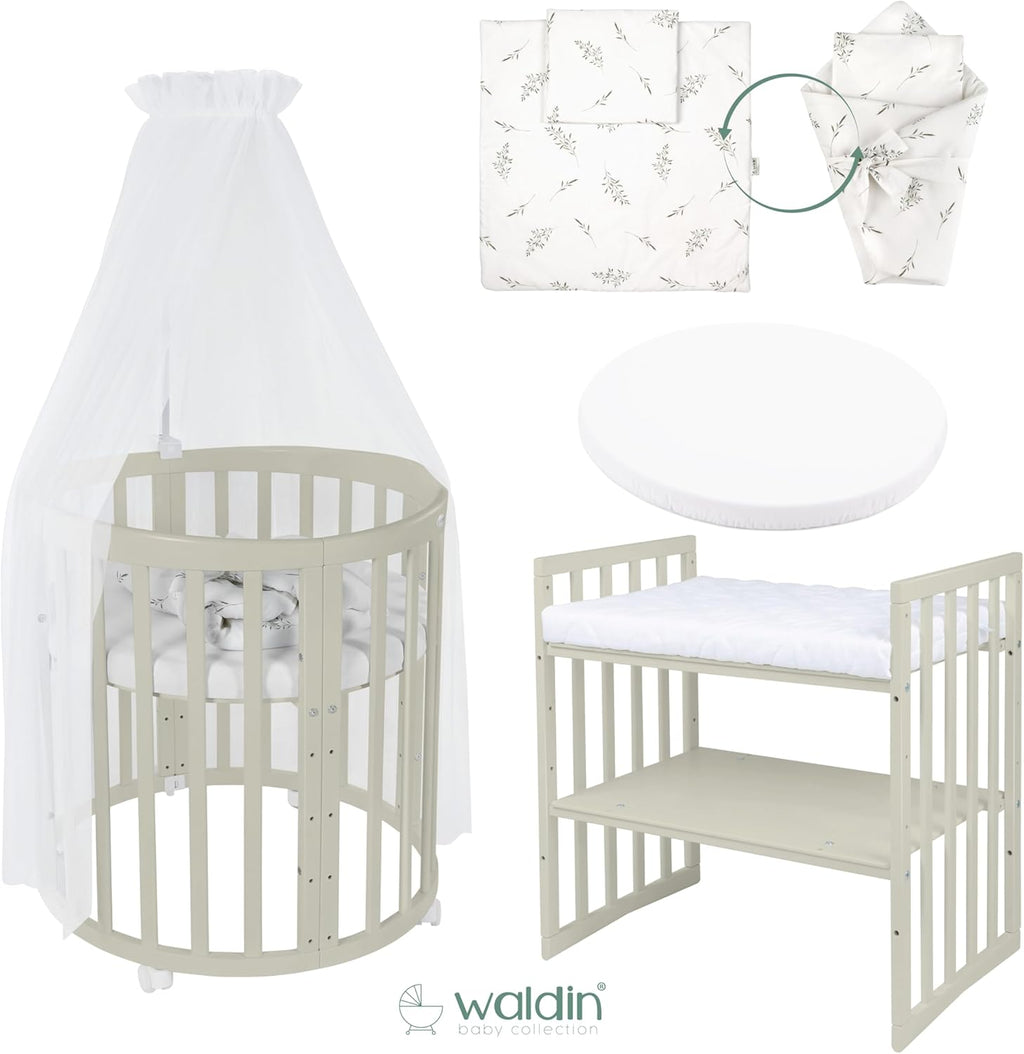 Waldin Oval Baby-Bett Mitwachsend Komplett Set 7in1, Gitterbett, Kinderbett mit Matratze, Wickelkommode, Beistellbett, Holz Weiß
