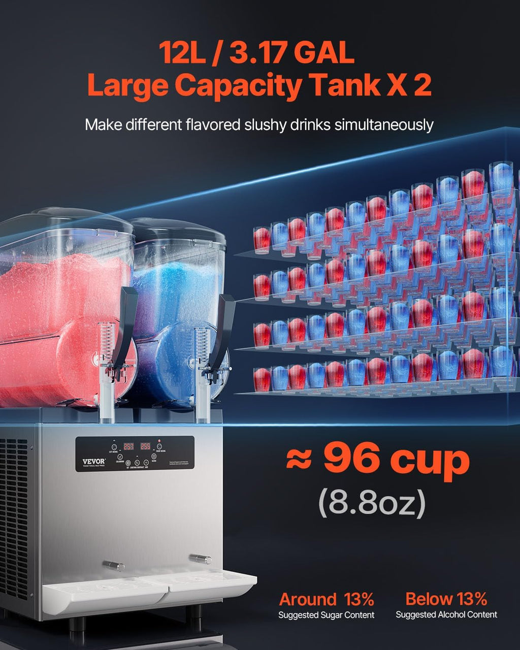 VEVOR kommerzielle Slusheis Maschine 12 L x 2 Doppeltank-Maschine für gefrorene Getränke, 96 Tassen Edelstahl Slush-Eis-Maschine mit Tastenfeld Softeis Maker für Partys Restaurants Cafés Bars