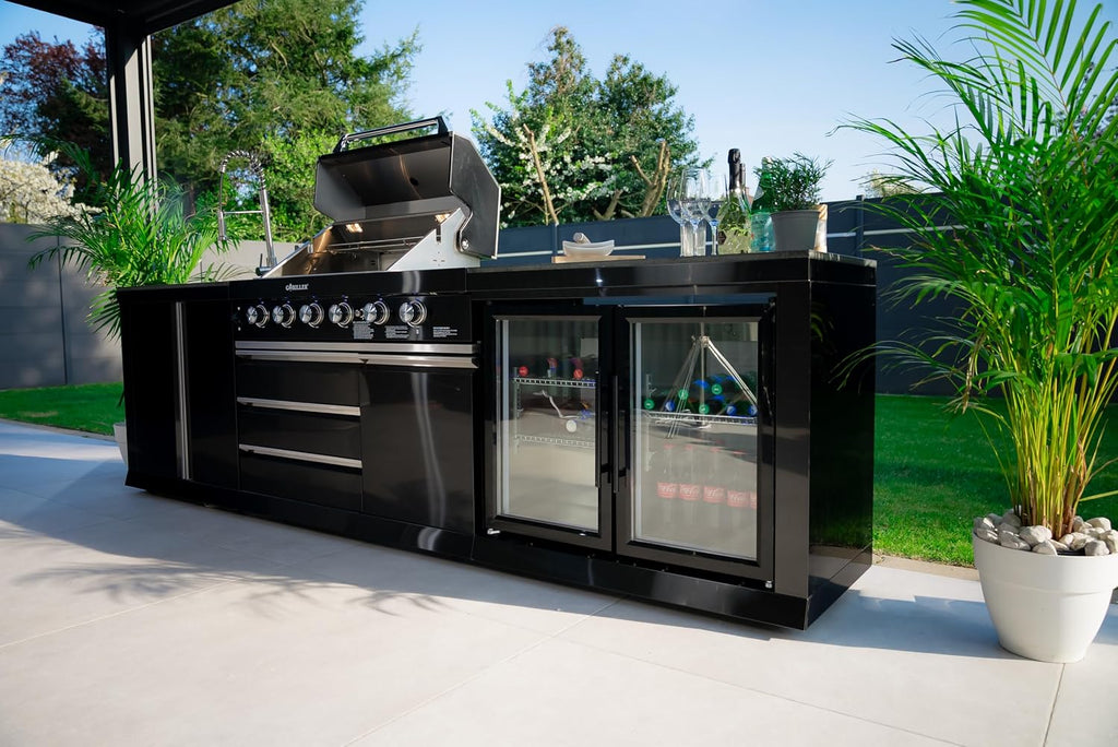 GORILLER® BLACKBACK M6 Outdoor-Küche, Gasgrill mit Doppel-Kühlschrank und Waschbecken, Edelstahl, Schwarz