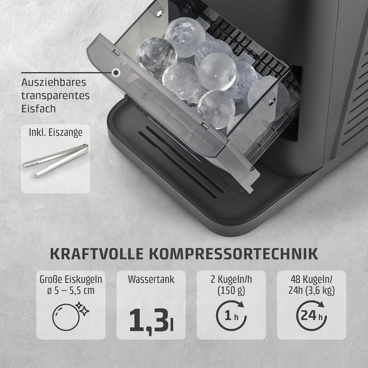 CASO IceBall Pro Eiskugelbereiter mit Kompressor - Kristallklare Eiskugeln 50-55 mm, 2 Kugeln/Stunde, 1,3 l Wassertank, Selbstreinigung, LED-Anzeige, mattschwarz