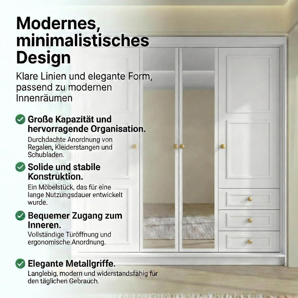 A und J MöbelLand Oslo Kleiderschrank 4-türig mit 3 Schubladen - 200 x 215 cm - Drehtürenschrank mit Kleiderstange und Einlegeböden, Modernes Design mit Metallgriffen