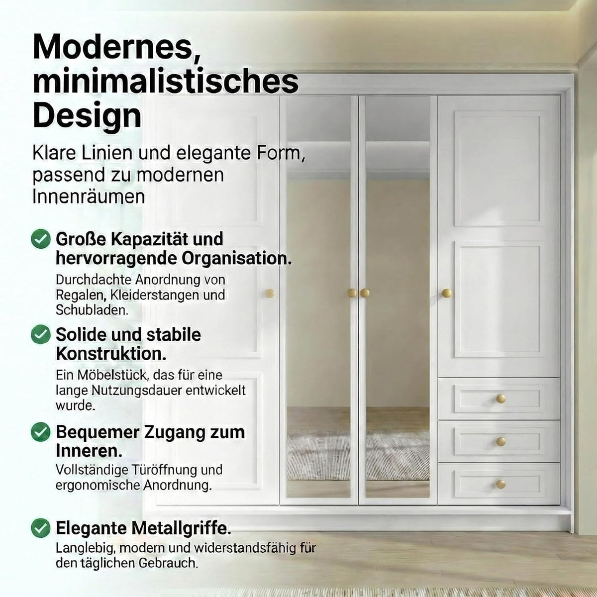 A und J MöbelLand Oslo Kleiderschrank 4-türig mit 3 Schubladen - 200 x 215 cm - Drehtürenschrank mit Kleiderstange und Einlegeböden, Modernes Design mit Metallgriffen