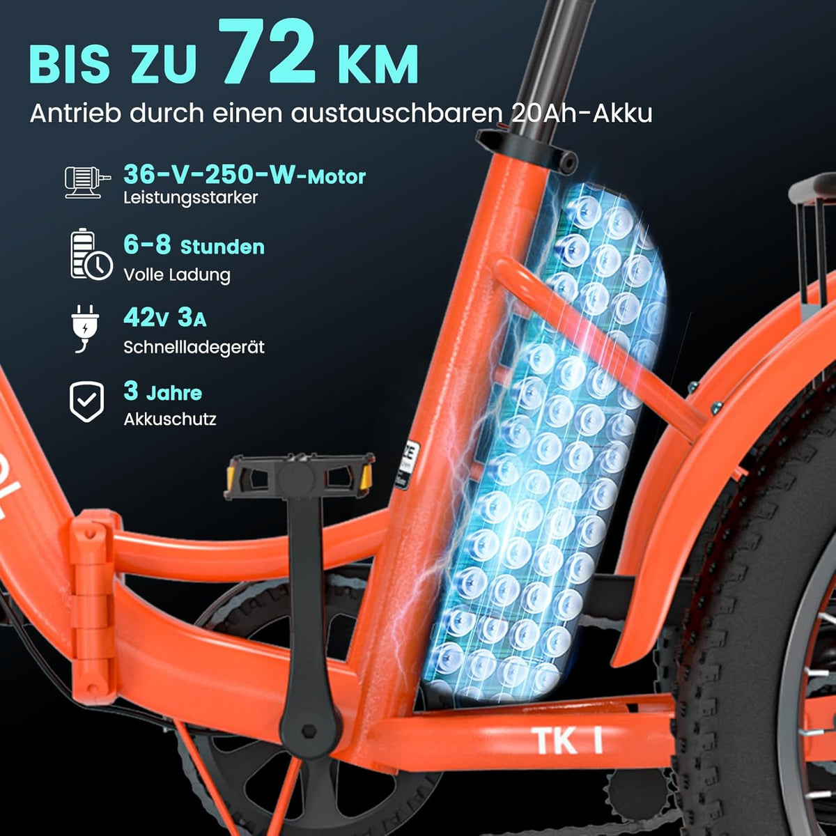 MOONCOOL E Bike Klapprad, 20" E Bike Herren Damen Mit 36V 20AH Akku, 250W Motor Elektrofahrrad, LCD-Display, Geschwindigkeit 25 KM/H, 167 KM Reichweite, IP65, 45 NM Electric Bike Mit GroßEn KöRben