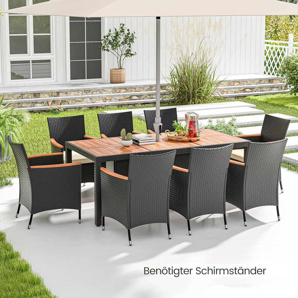COSTWAY 9 TLG. Rattan Gartenmöbel Set, Sitzgruppe für 8 Personen, Gartentisch mit Tischplatte aus Akazienholz, 8 Stühle & Kissen, Terrassenmöbel Set, Gartengarnitur, Sitzgarnitur, Essgruppe