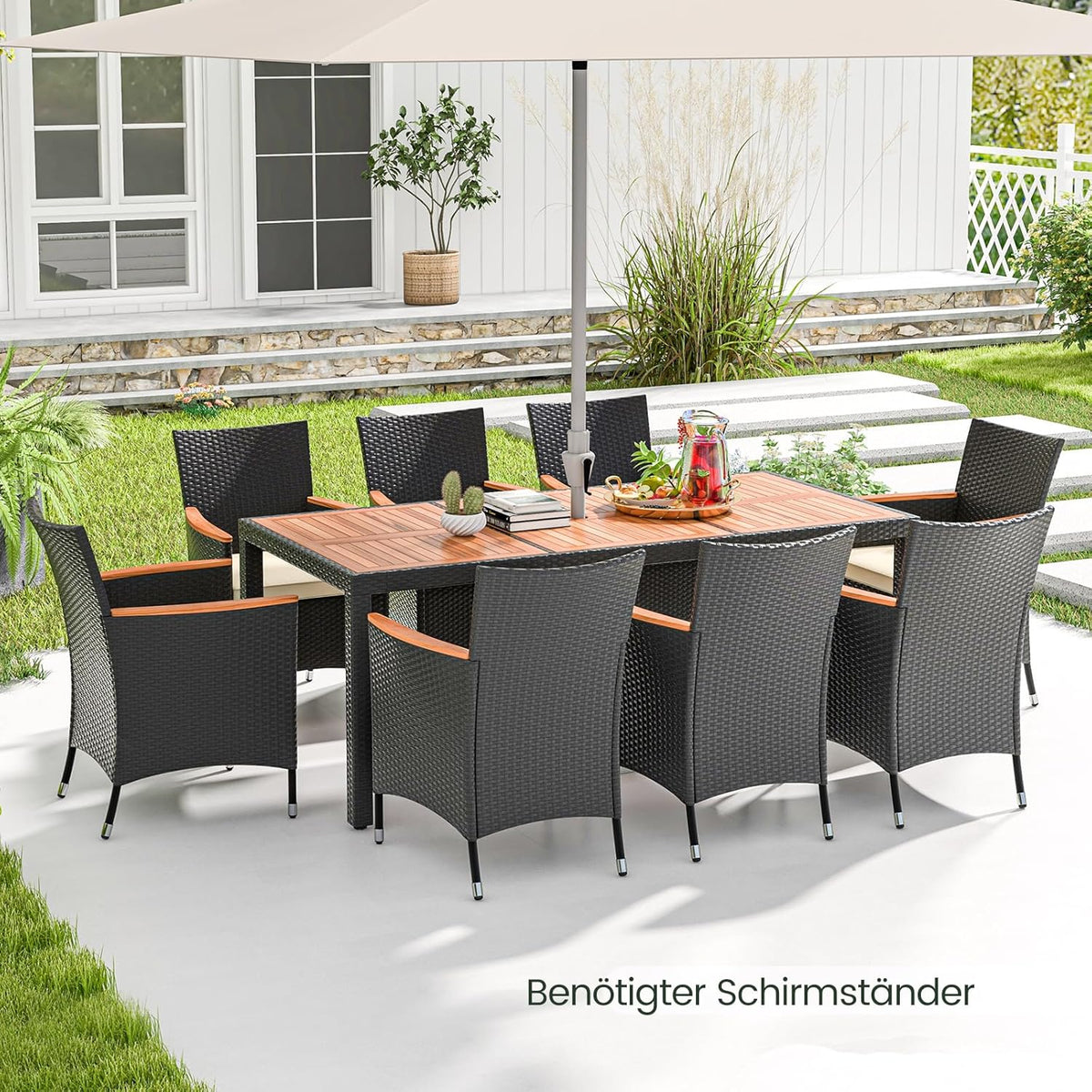 COSTWAY 9 TLG. Rattan Gartenmöbel Set, Sitzgruppe für 8 Personen, Gartentisch mit Tischplatte aus Akazienholz, 8 Stühle & Kissen, Terrassenmöbel Set, Gartengarnitur, Sitzgarnitur, Essgruppe