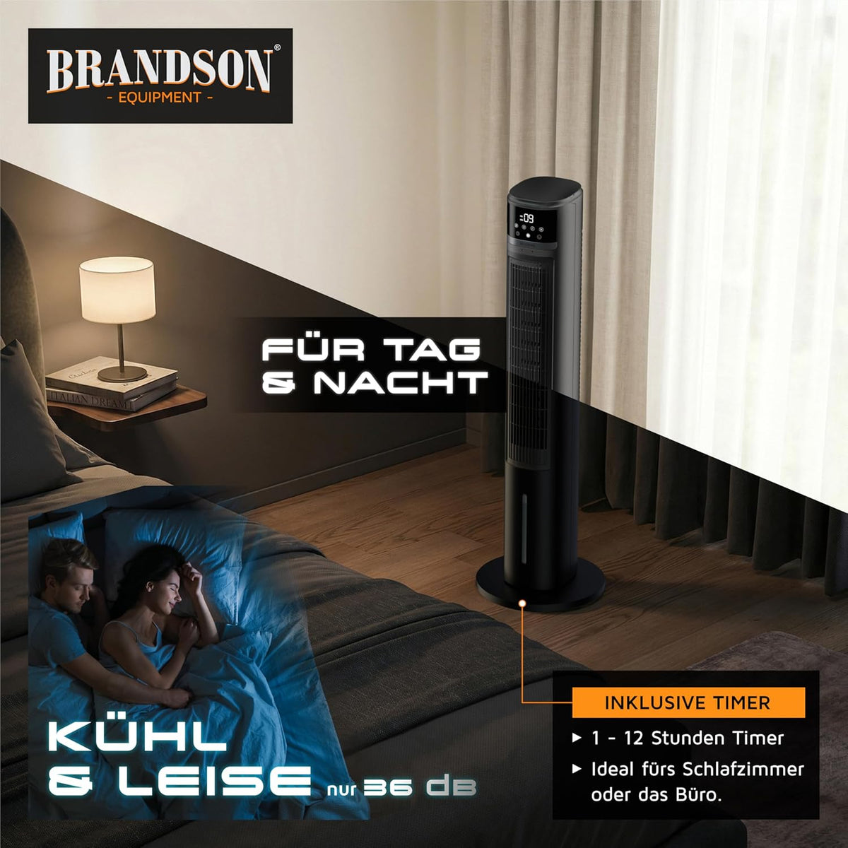 Brandson â€?mobiler Luftkühler mit Wasserkühlung im ECO Design - DC Motor sehr leise - 60% Energieeinsparung - Sieger Ventilatoren und Luftkühler 2026 - Turmventilator â€?Oszillation â€?Ion Funktion
