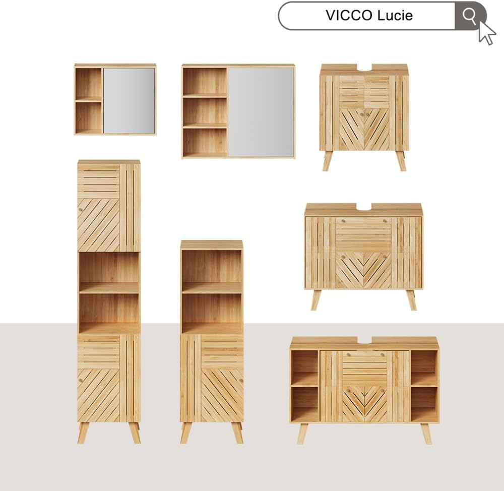 Vicco Badmöbel-Set Lucie, Bambus, 60 cm, besteht aus Waschbeckenunterschrank, Spiegelschrank, Hochschrank und Midischrank