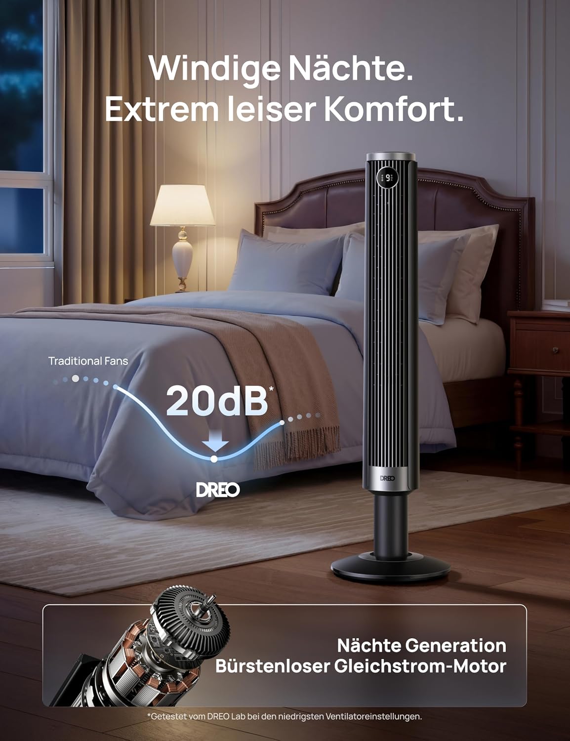 DREO Smart 102â€?14cm Turmventilator fürs Schlafzimmer, Höhenverstellbar, 8.4m/s, DC-Motor, 9 Stufen, 4 Modi, 90°-Oszillation, Standventilator, 20dB Leise, 12H Timer für Zuhause und Büro, Google/Alexa
