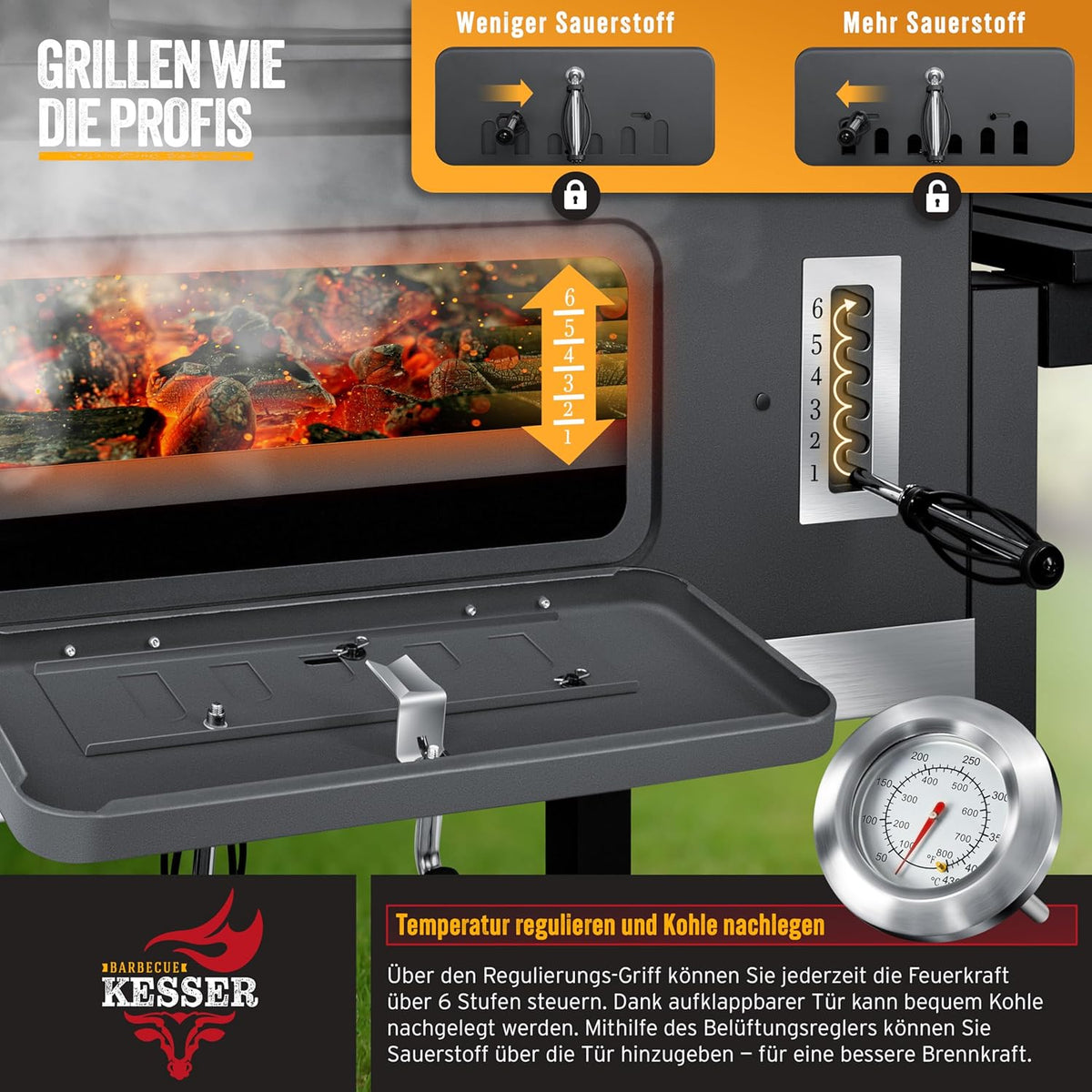 KESSER® Grill Grillwagen BBQ Smoker XXL Holzkohlegrill mit Deckel, Rädern, Edelstahl-Griff, Grillrost und Thermometer, 8 Spieße mit Tasche & Silikon-Pinsel, Standgrill, Kohlegrillwagen