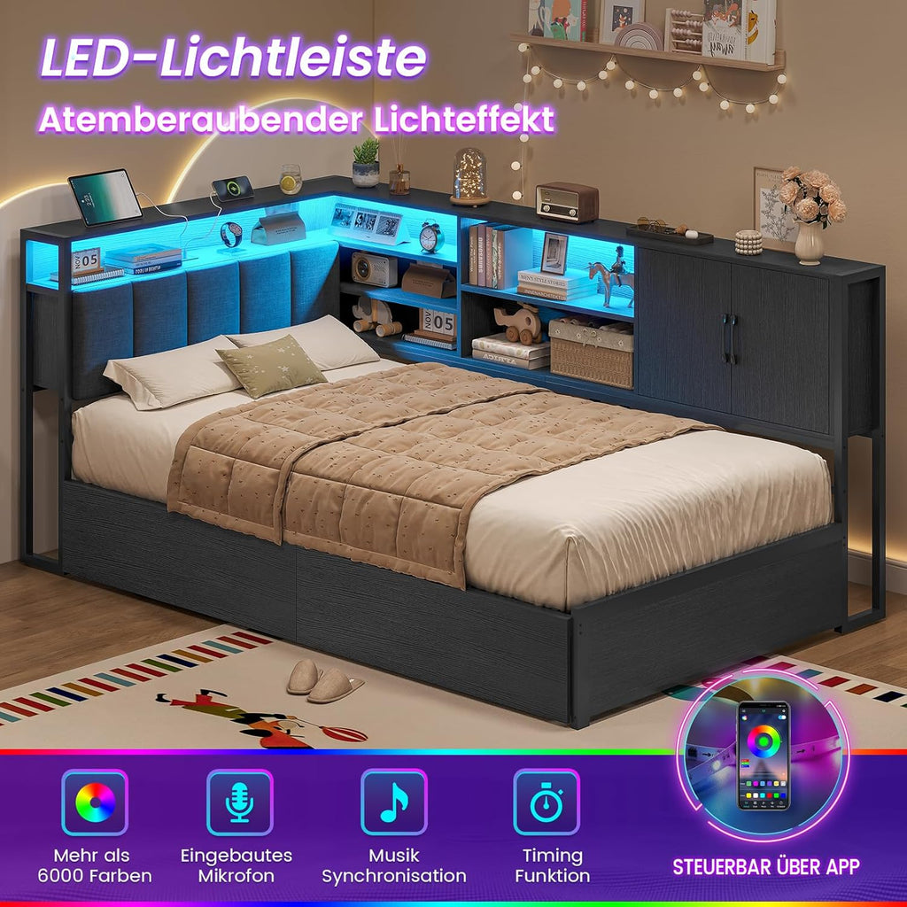 Polsterbett Schlafsofa 90x200 mit LED-Beleuchtung, Ladestation, Tagesbett, Jugendbett mit 2 Schubladen und Lattenrost aus Metall, Kopfteil mit Stauraum, Offene Regale, Schrank, Schwarz