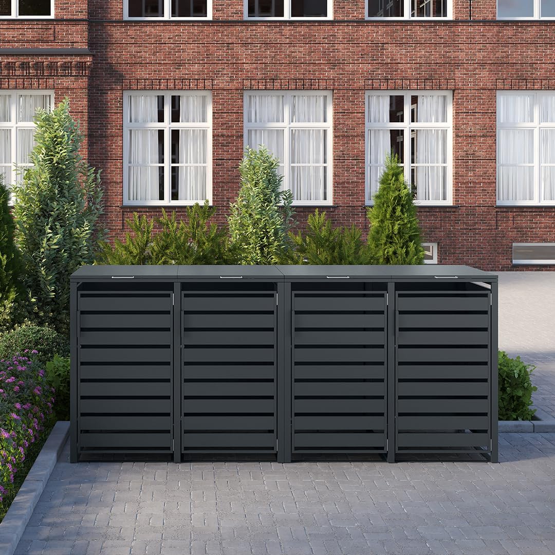 STEELSØN Kestra Mülltonnenbox 4er bis 240L â€?Mülltonnenverkleidung mit Sichtstreifen aus Stahl â€?hochwertige Müllcontainer in Anthrazit für 4 Tonnen â€?Müllbox/Gerätebox wetterfest & UV-beständig
