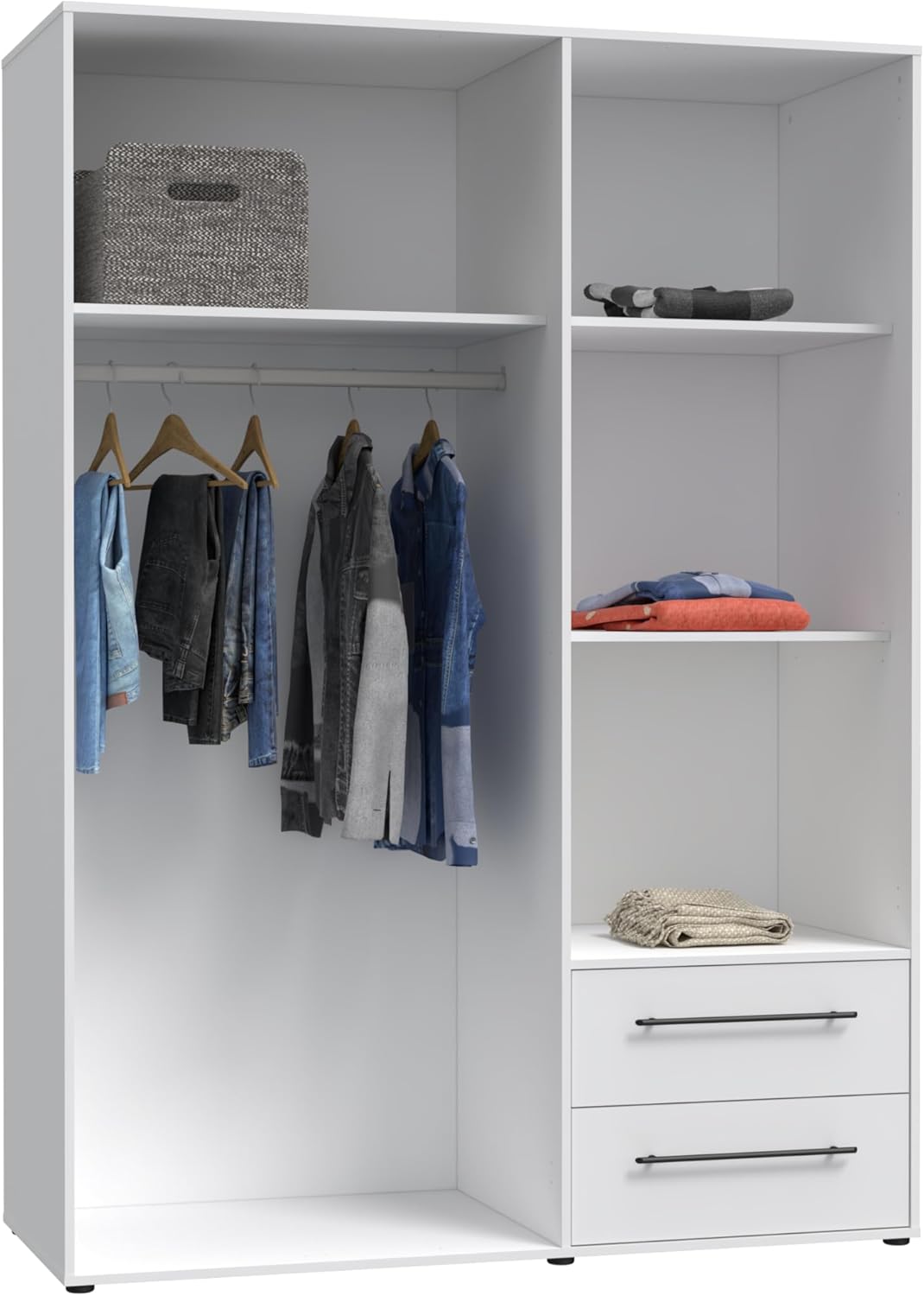 FORTE Jupiter Schrank 140 150, weißer Kleiderschrank, Drehtürenschrank, 3-türig, mit 2 Schubladen und Einlegeböden, Weiß, 145 cm breit x 59 cm tief x 200 cm hoch