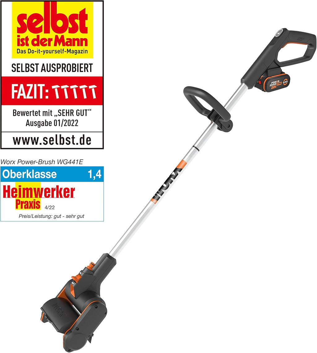 WORX WG441E Akku-Multi-Bürste 20V -multifunktionale Oberflächenbürste für Stein-& Holfzflächenreinigung & Unkrautentfernung -integrierter Wasseranschluss - inkl. 4Ah PowerShare Akku & Schnellladegerät