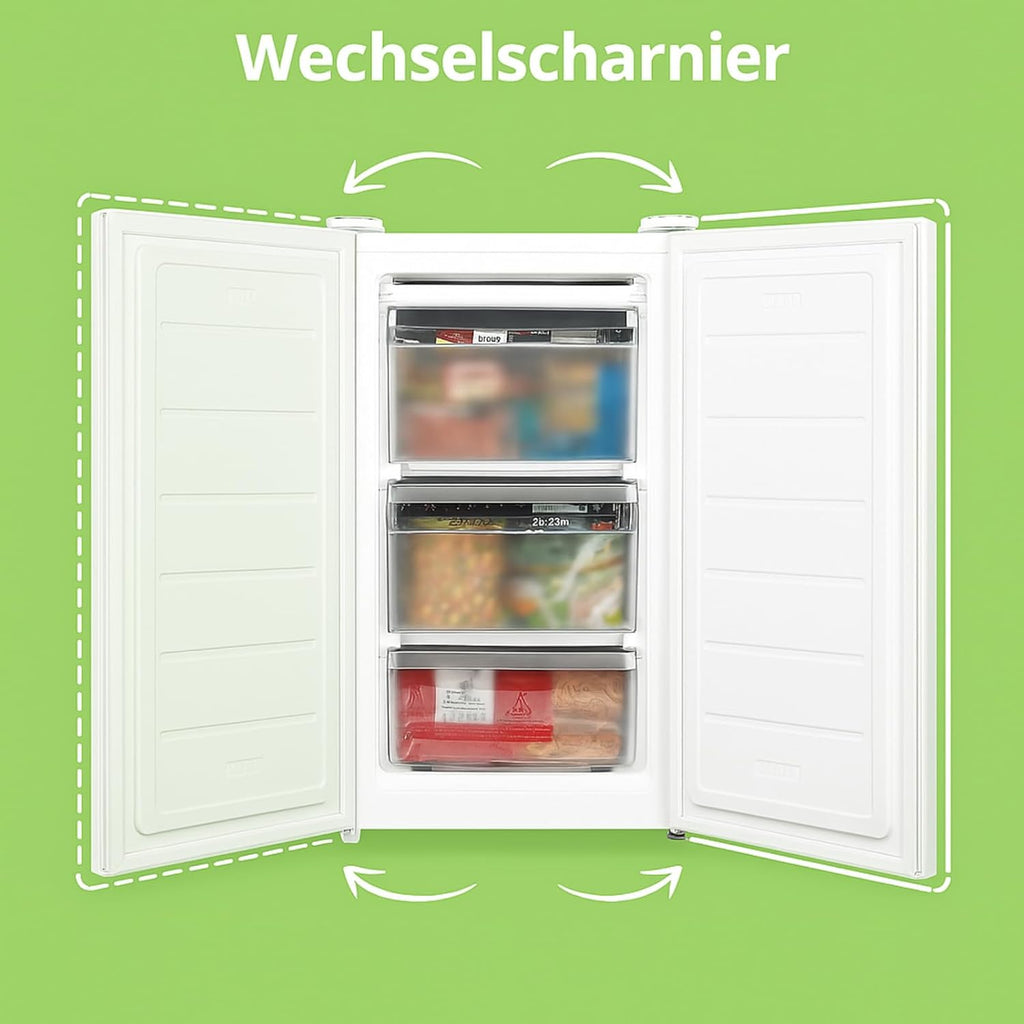 RCU60WH2(E) 60L Gefrierschrank senkrecht mit Schubladen, 3x Gefrierschublade, Eintür, einstellbare Temperatur, umkehrbare Tür, leise, Freistehend, Weiß