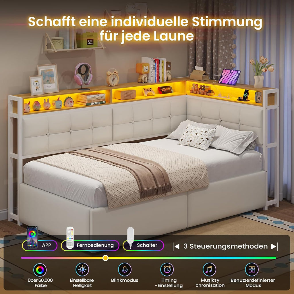 DICTAC Jugendbett 90x200 mit Stauraum, LED & Ladestation | Polsterbett mit hydraulischem Stauraum, zweistöckiges Ablagefach | Tagesbett Einzelbett in weißâ€?für Kinder, Jugendliche & Erwachsene