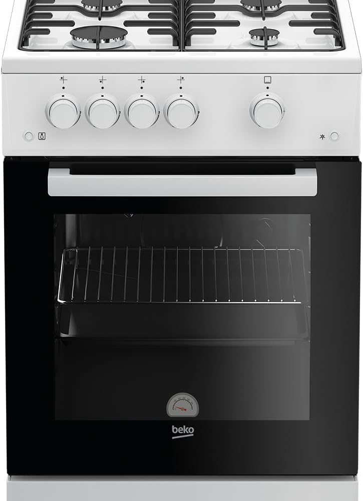 Beko FSG52010FW Freistehender Gasherd, Gasbackofen mit Gaskochfeld, 50 cm, 4 Kochzonen, Gasbackofen mit Elektrozündung und Innentemperaturanzeige, herausnehmbares Innenglas, Weiß