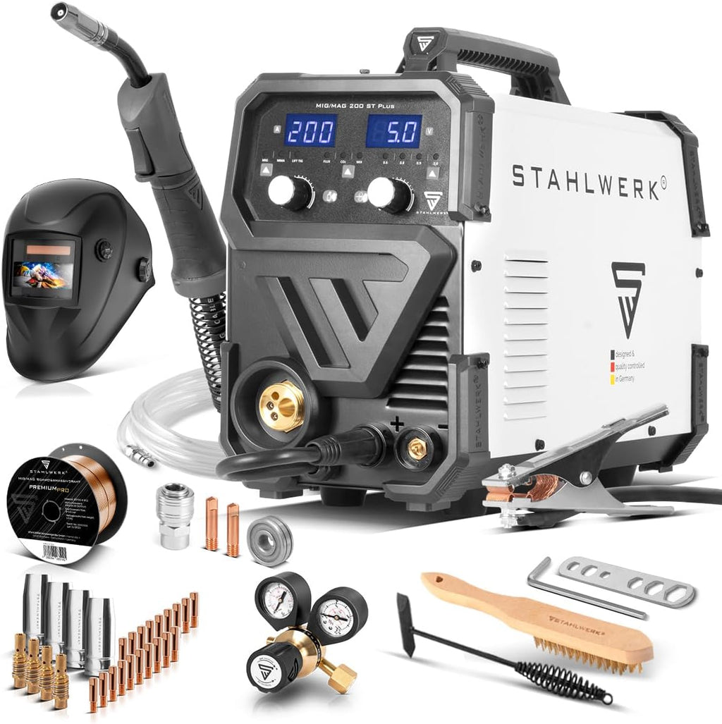 STAHLWERK Schweißgerät MIG/MAG 200 ST â€?Vollausstattung â€?IGBT Inverter mit 200 A, Schutzgasgerät mit synergischem Drahtvorschub, FLUX/Fülldraht geeignet, Lift-TIG und MMA/E-Hand (ARC) funktionsfähig