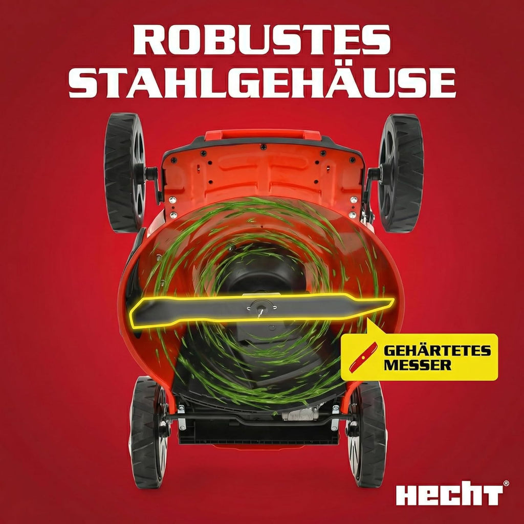 HECHT 5-IN-1 Benzin Rasenmäher - leistungsstarker 4 Takt Motor 4,0 kW (5,5 PS) - Elektrostart - 51 cm Schnittbreite - 65 l Fangkorb - Radantrieb - patentierte Räder - Mulchmäher Rasenmäher