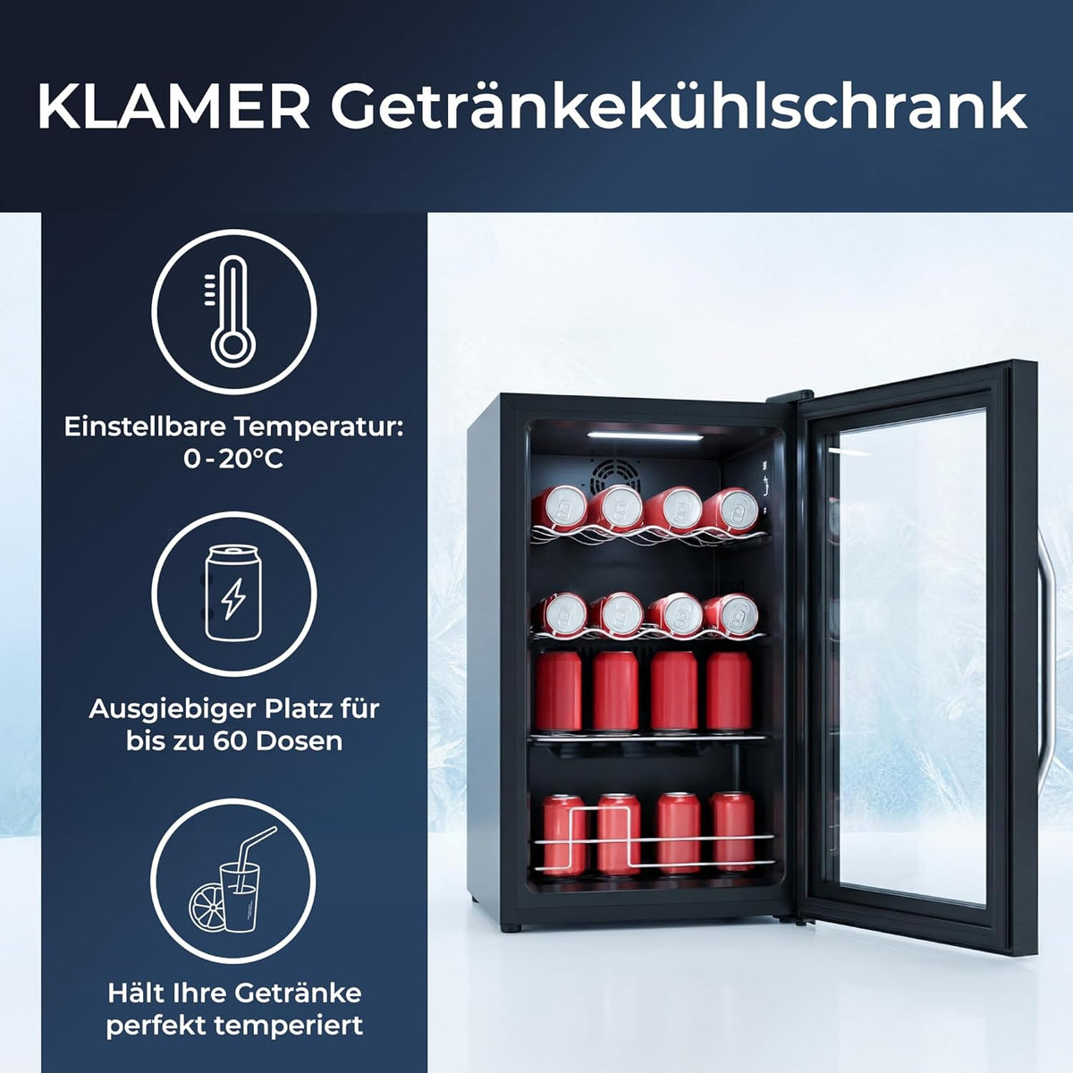 KLAMER Getränkekühlschrank 60 L, Mini Kühlschrank bis 60 Dosen, 0â€?0°C Touch Display, Glasfront, Automatische Abtaufunktion, Edelstahlgriff, Kühlschrank ohne Gefrierfach