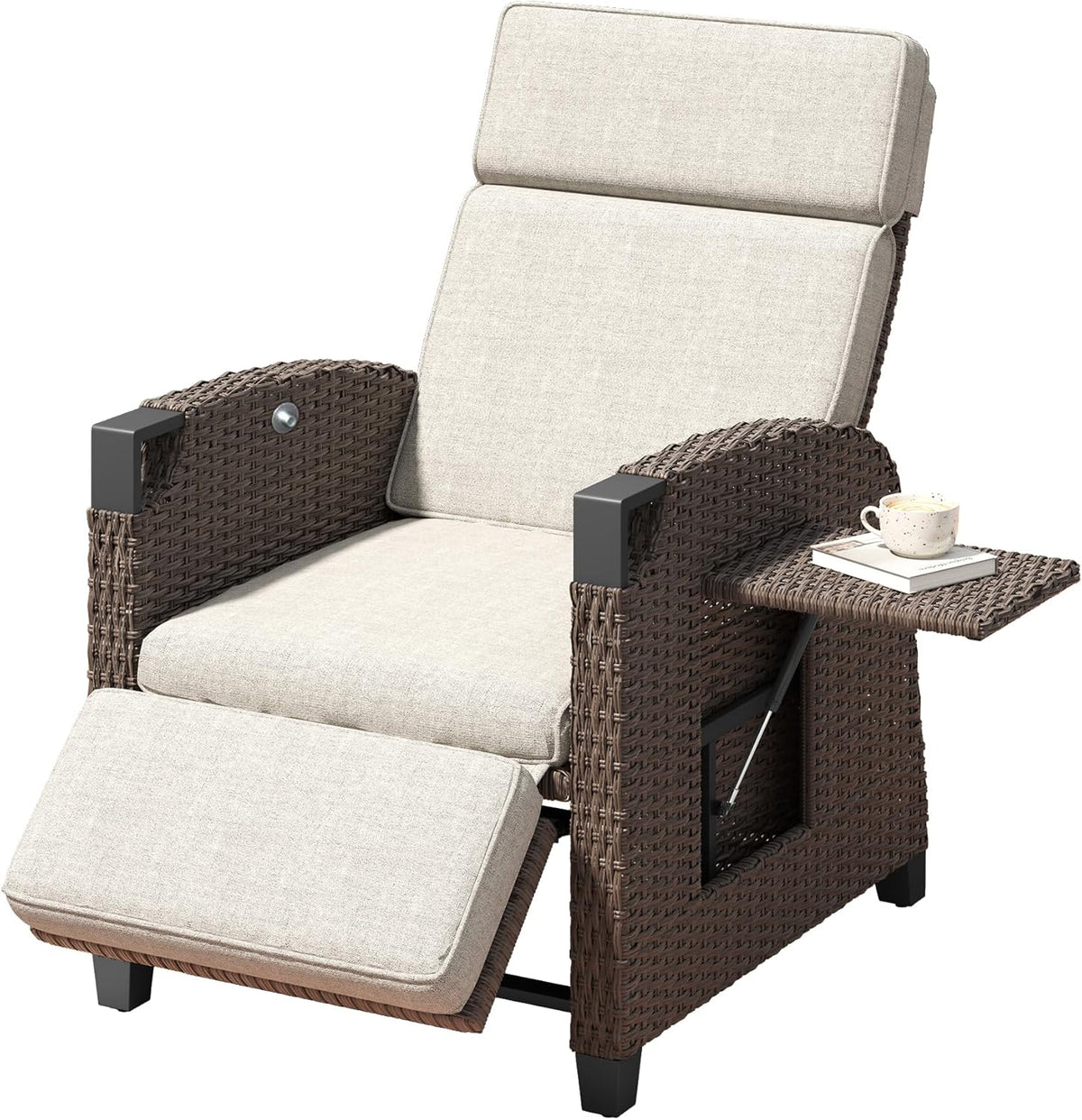 Amopatio Relaxliege Liegesessel, Rattan Sonnenliege mit Verstellbar Rückenlehne und Klapptisch, Outdoor Gartensessel wetterfestes, für Terrasse, Garten, Balkon â€?Beige & Braun