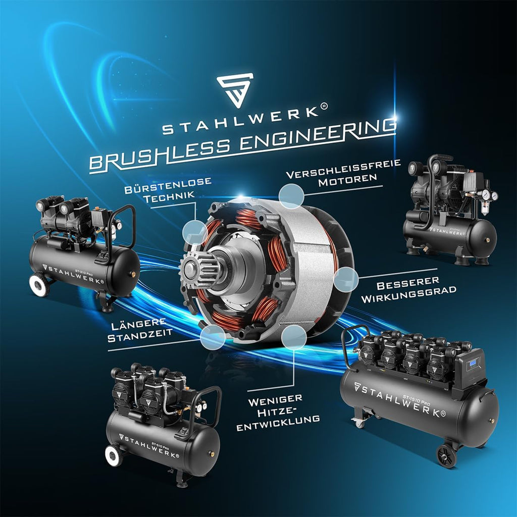 STAHLWERK Kompressor 50 L Tank (ST-510 Pro) - Vollausstattung mit Zubehör - ölfrei  und  leise, 10 bar, Druckluftkompressor mit Brushless-Motoren, 3,94 PS, 2,9 kW, 500 l/min, Silent-/Flüsterkompressor