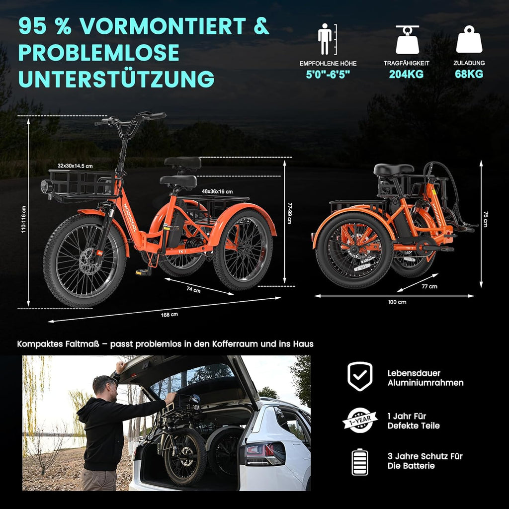 MOONCOOL E Bike Klapprad, 20" E Bike Herren Damen Mit 36V 20AH Akku, 250W Motor Elektrofahrrad, LCD-Display, Geschwindigkeit 25 KM/H, 167 KM Reichweite, IP65, 45 NM Electric Bike Mit GroßEn KöRben