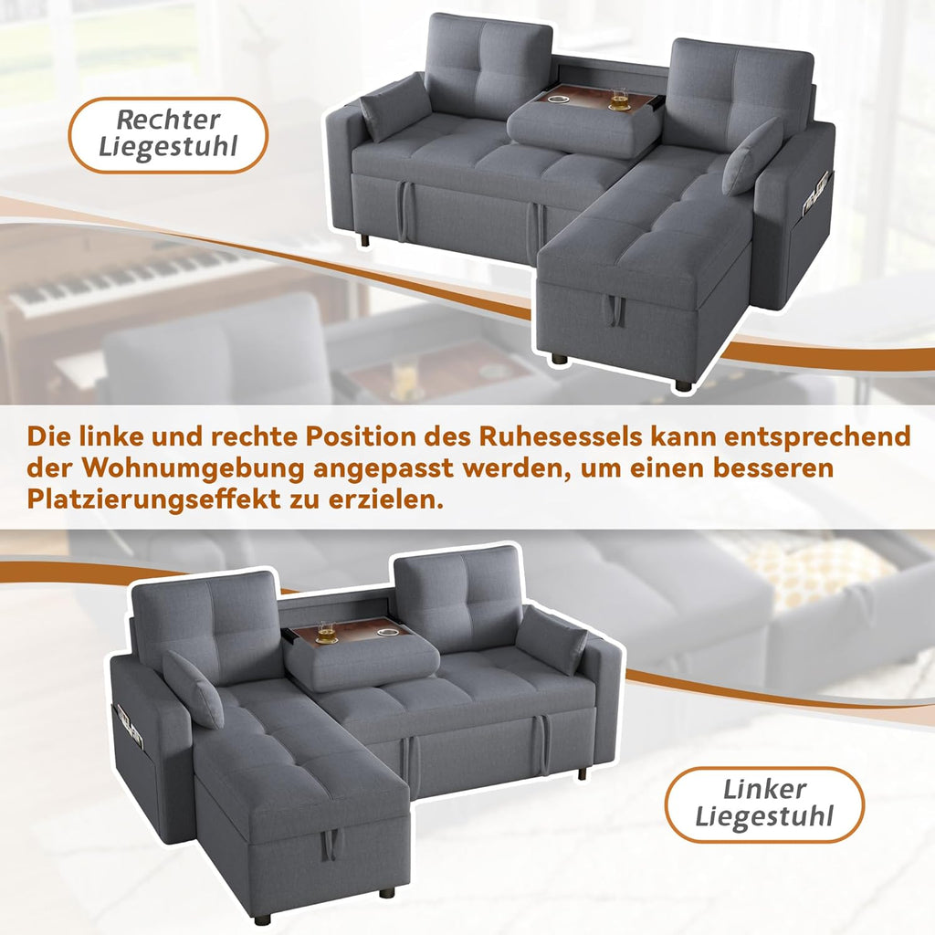 Modernes L-Sofa, modulares ausziehbares Schlafsofa mit Schlaffunktion, ausgestattet mit Stauraum, herunterziehbarem Getränkehalter, geeignet für Wohnzimmer, Heimkino (Grau)